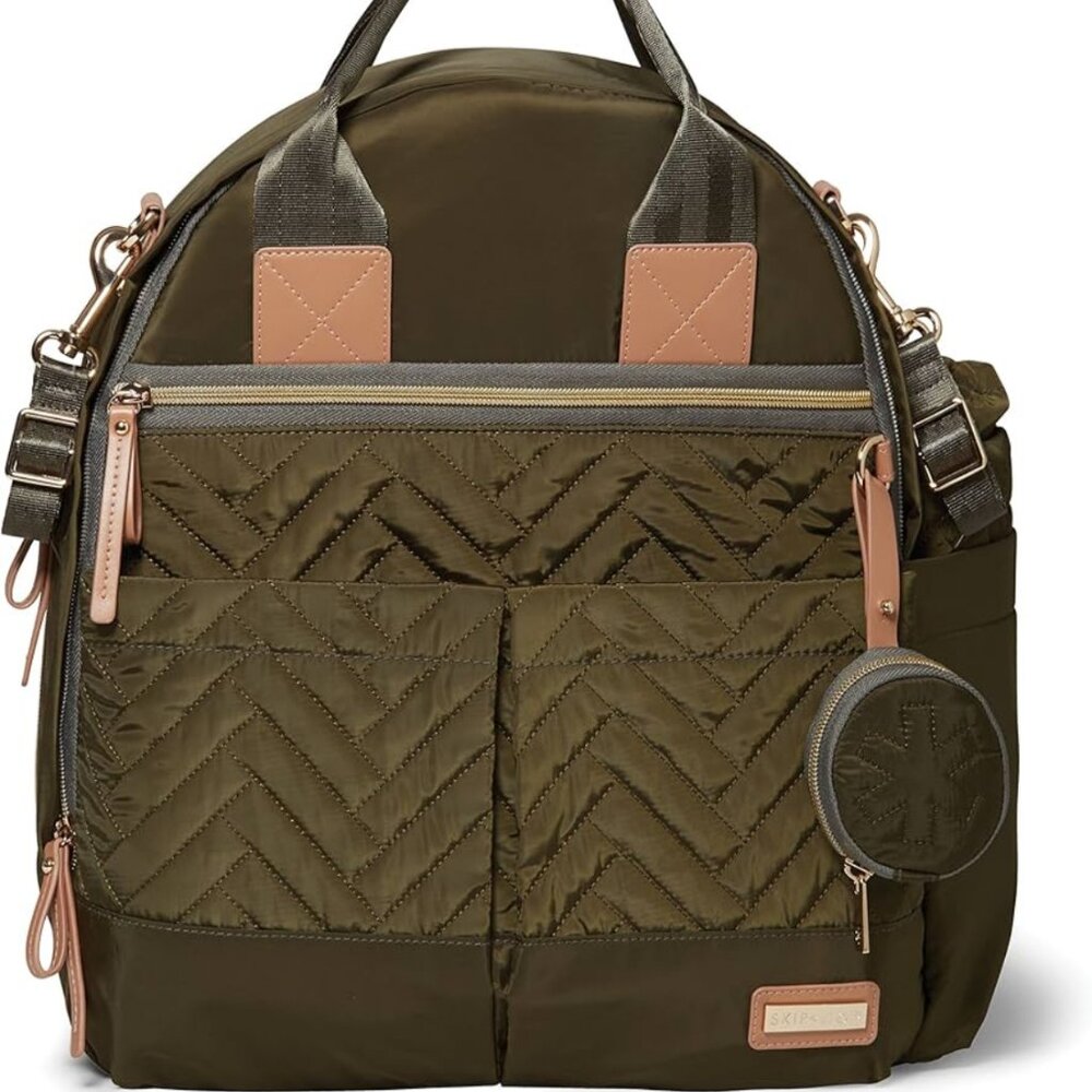 Skip Hop Chelsea 6-in-1 Diaper Backpack Bag Olive Green Quilted 14x16‎ (No Pad)